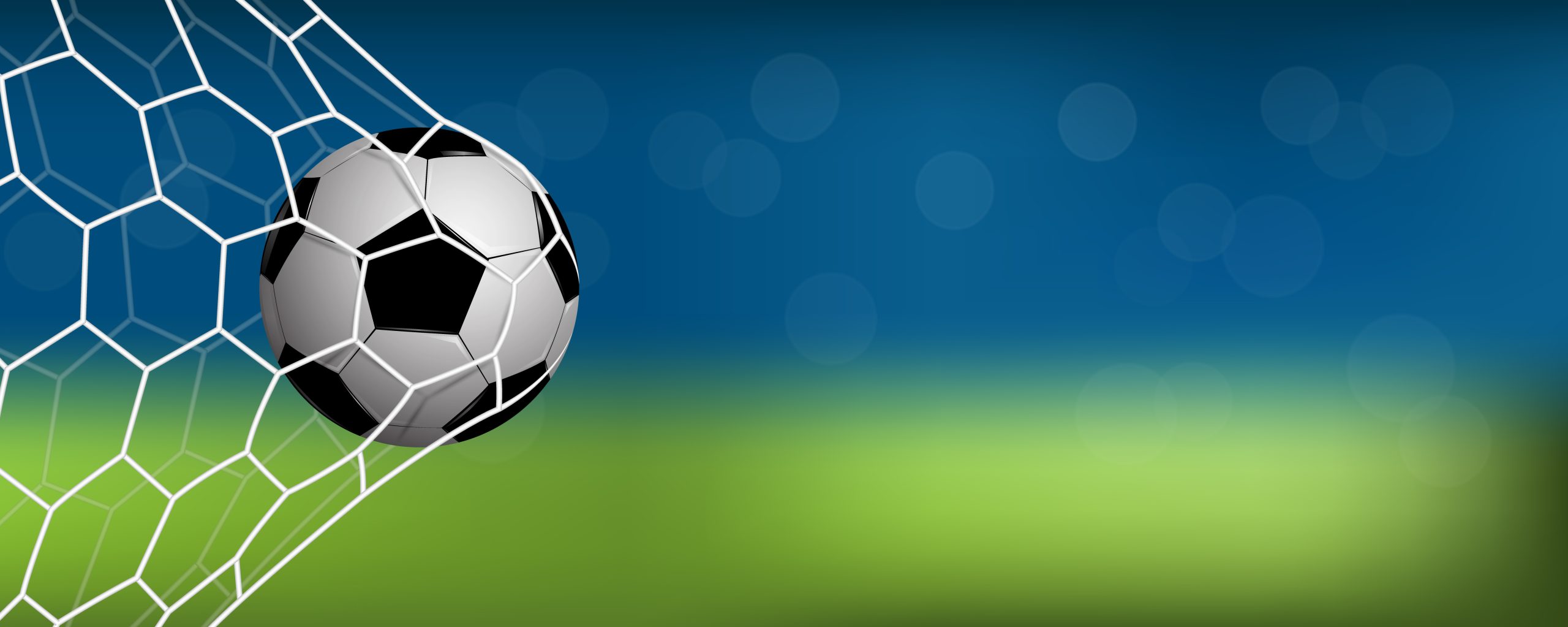 Realistic football in net with coppy space for text, vector illustration